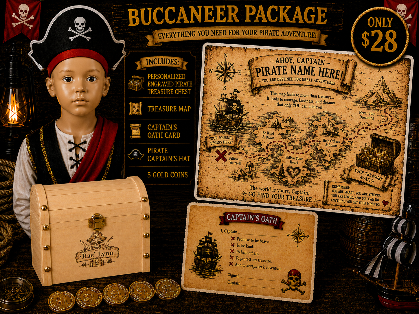 Personalized Pirate Party Pack - Treasure Chest (Eyepatch, 5 Gold Coins, Captain's Hat, Treasure Map, Compass, and Captain's Oath)