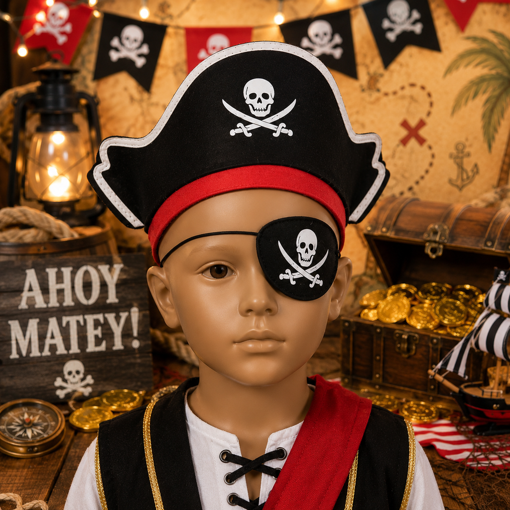 Personalized Pirate Party Pack - Treasure Chest (Eyepatch, 5 Gold Coins, Captain's Hat, Treasure Map, Compass, and Captain's Oath)