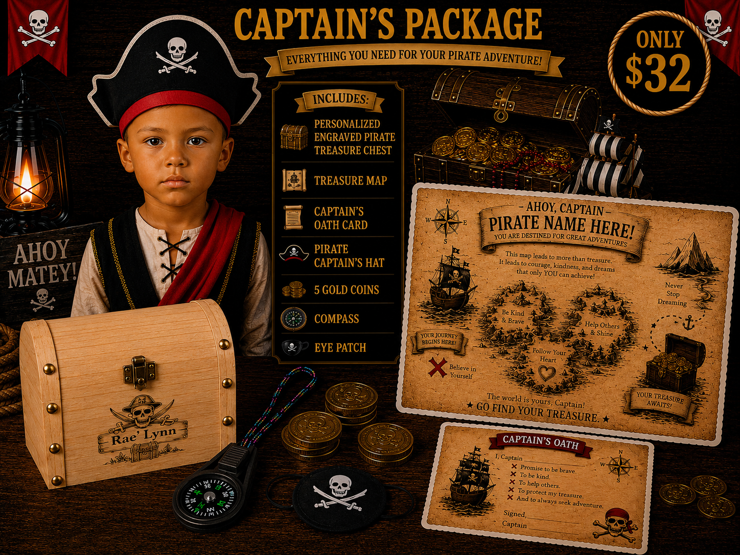 Personalized Pirate Party Pack - Treasure Chest (Eyepatch, 5 Gold Coins, Captain's Hat, Treasure Map, Compass, and Captain's Oath)