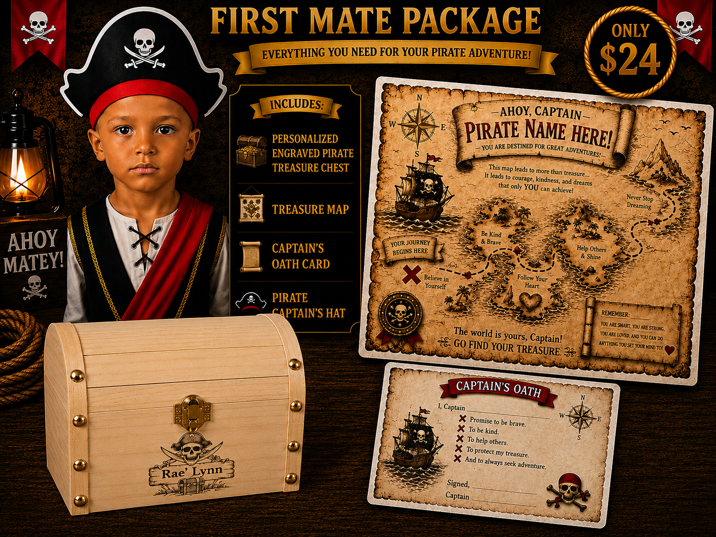 Personalized Pirate Party Pack - Treasure Chest (Eyepatch, 5 Gold Coins, Captain's Hat, Treasure Map, Compass, and Captain's Oath)