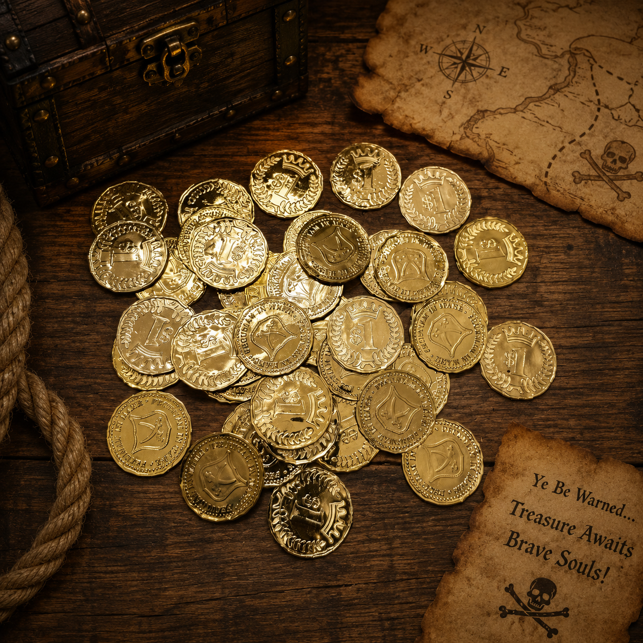 Personalized Pirate Party Pack - Treasure Chest (Eyepatch, 5 Gold Coins, Captain's Hat, Treasure Map, Compass, and Captain's Oath)