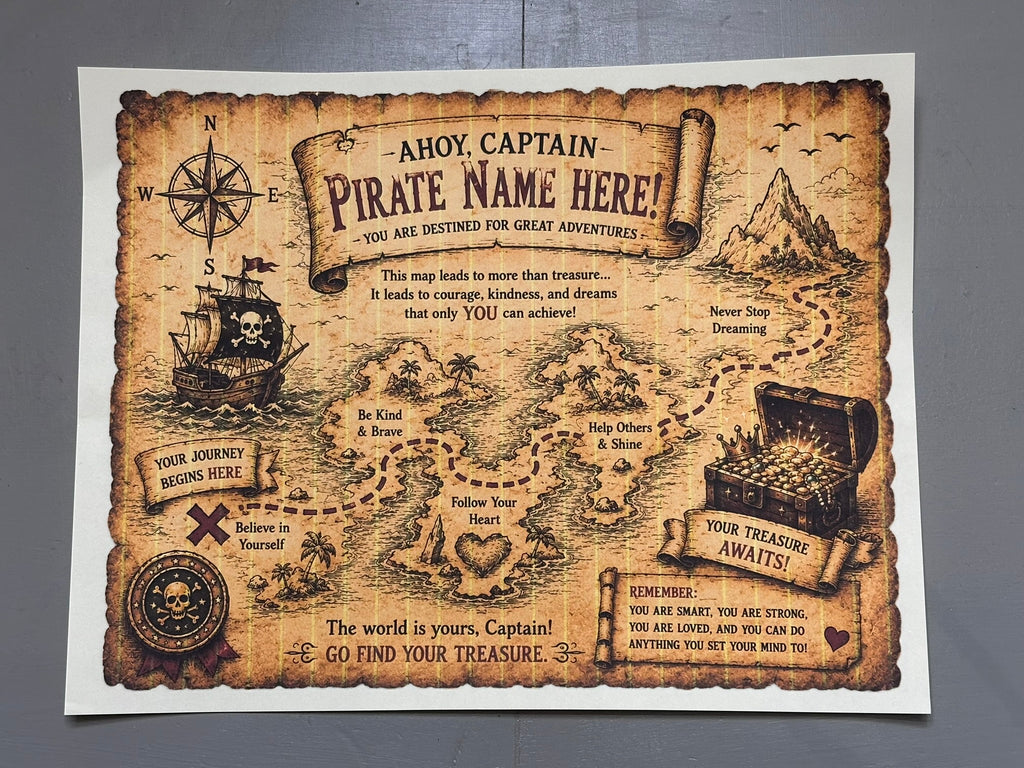Personalized Pirate Party Pack - Treasure Chest (Eyepatch, 5 Gold Coins, Captain's Hat, Treasure Map, Compass, and Captain's Oath)