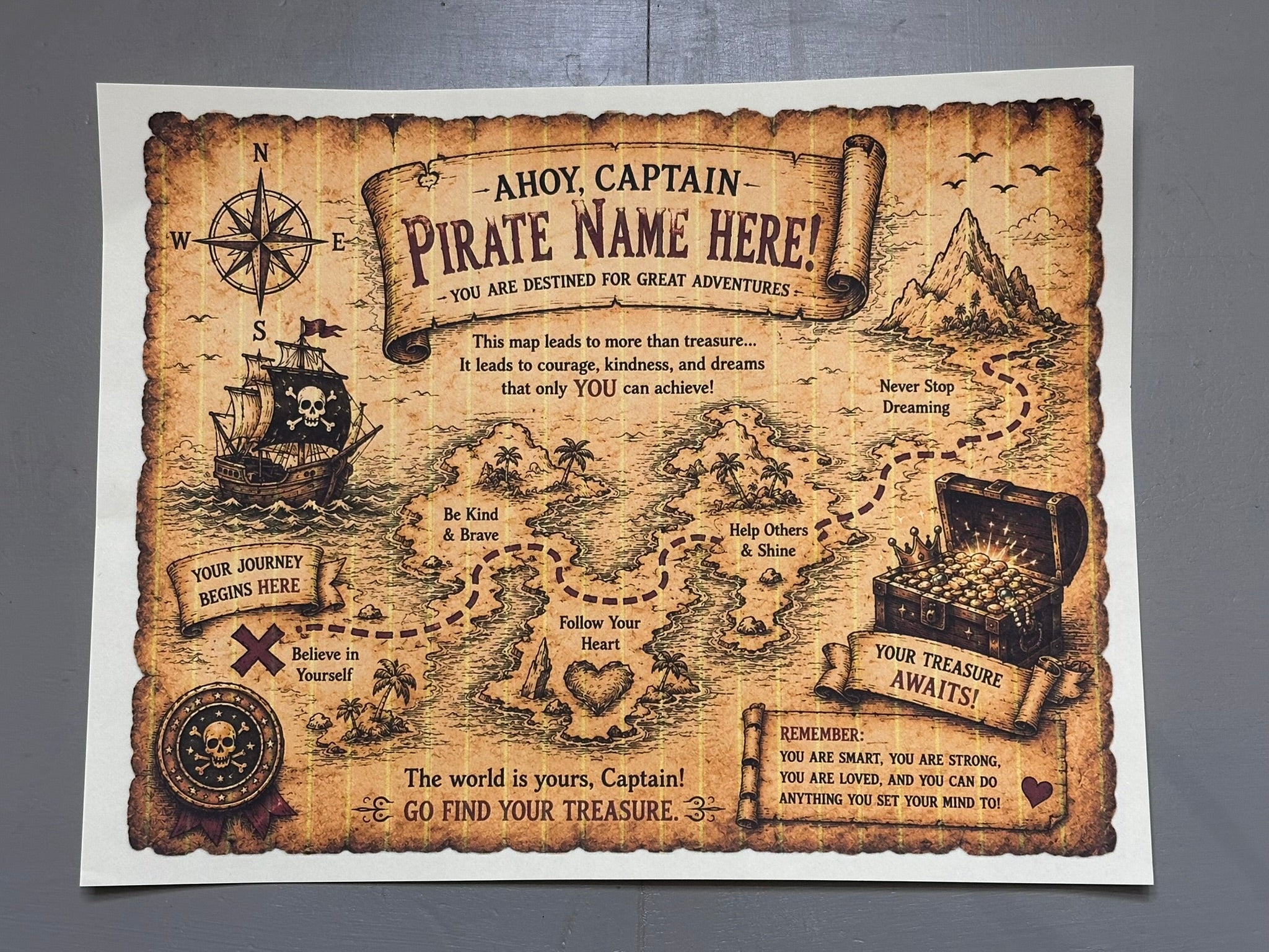 Personalized Pirate Party Pack - Treasure Chest (Eyepatch, 5 Gold Coins, Captain's Hat, Treasure Map, Compass, and Captain's Oath)