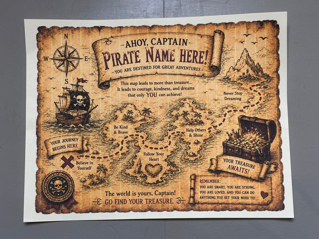 Personalized Pirate Party Pack - Treasure Chest (Eyepatch, 5 Gold Coins, Captain's Hat, Treasure Map, Compass, and Captain's Oath)