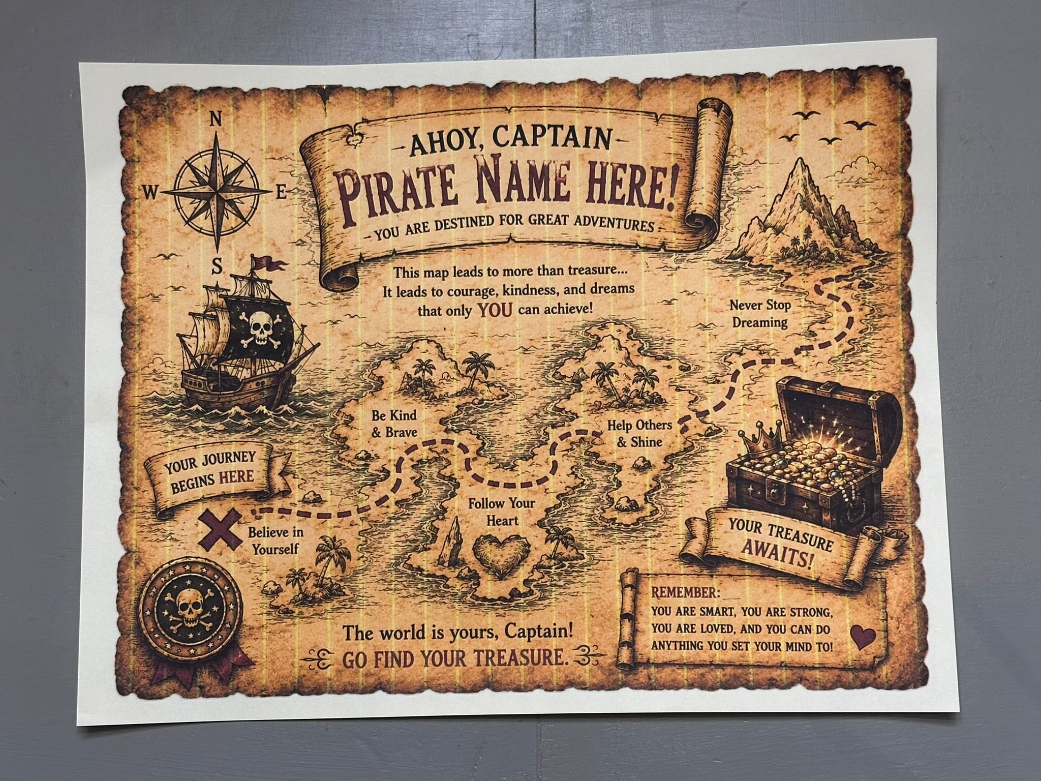 Personalized Pirate Party Pack - Treasure Chest (Eyepatch, 5 Gold Coins, Captain's Hat, Treasure Map, Compass, and Captain's Oath)