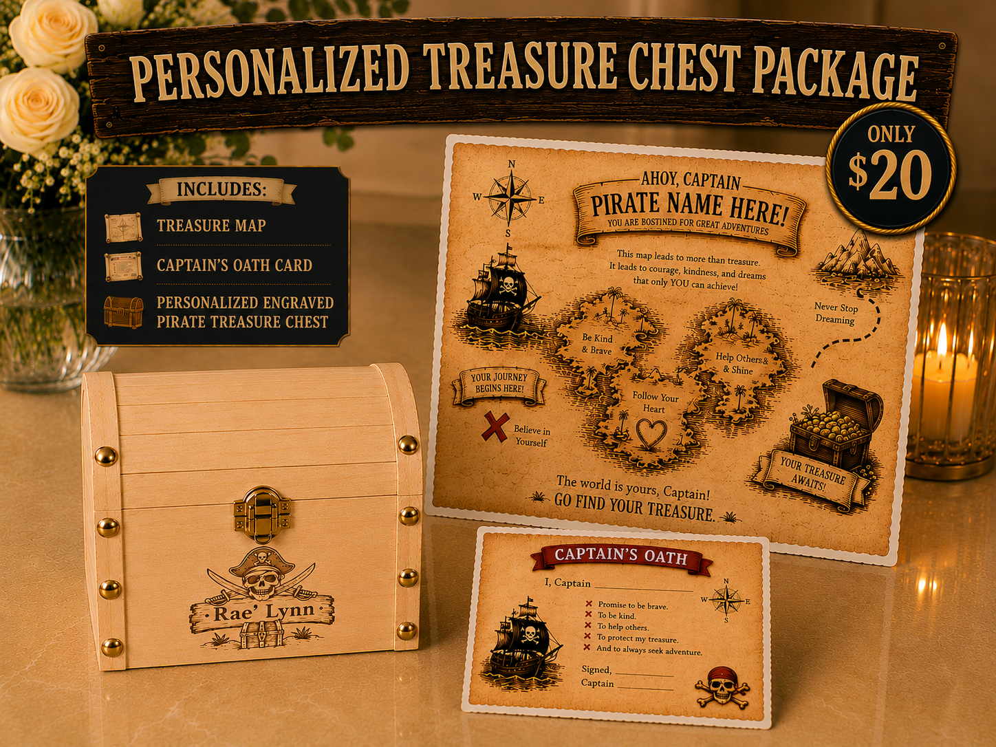 Personalized Pirate Party Pack - Treasure Chest (Eyepatch, 5 Gold Coins, Captain's Hat, Treasure Map, Compass, and Captain's Oath)