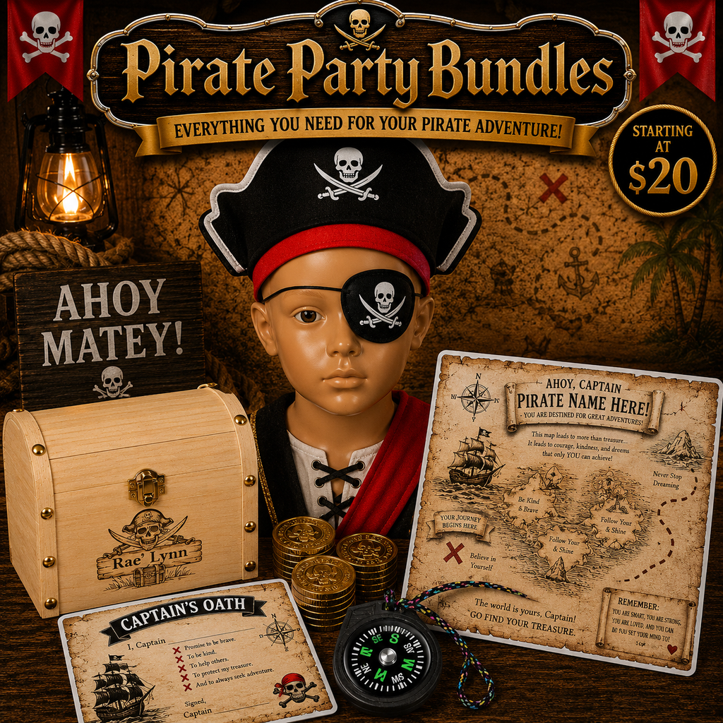 Personalized Pirate Party Pack - Treasure Chest (Eyepatch, 5 Gold Coins, Captain's Hat, Treasure Map, Compass, and Captain's Oath)