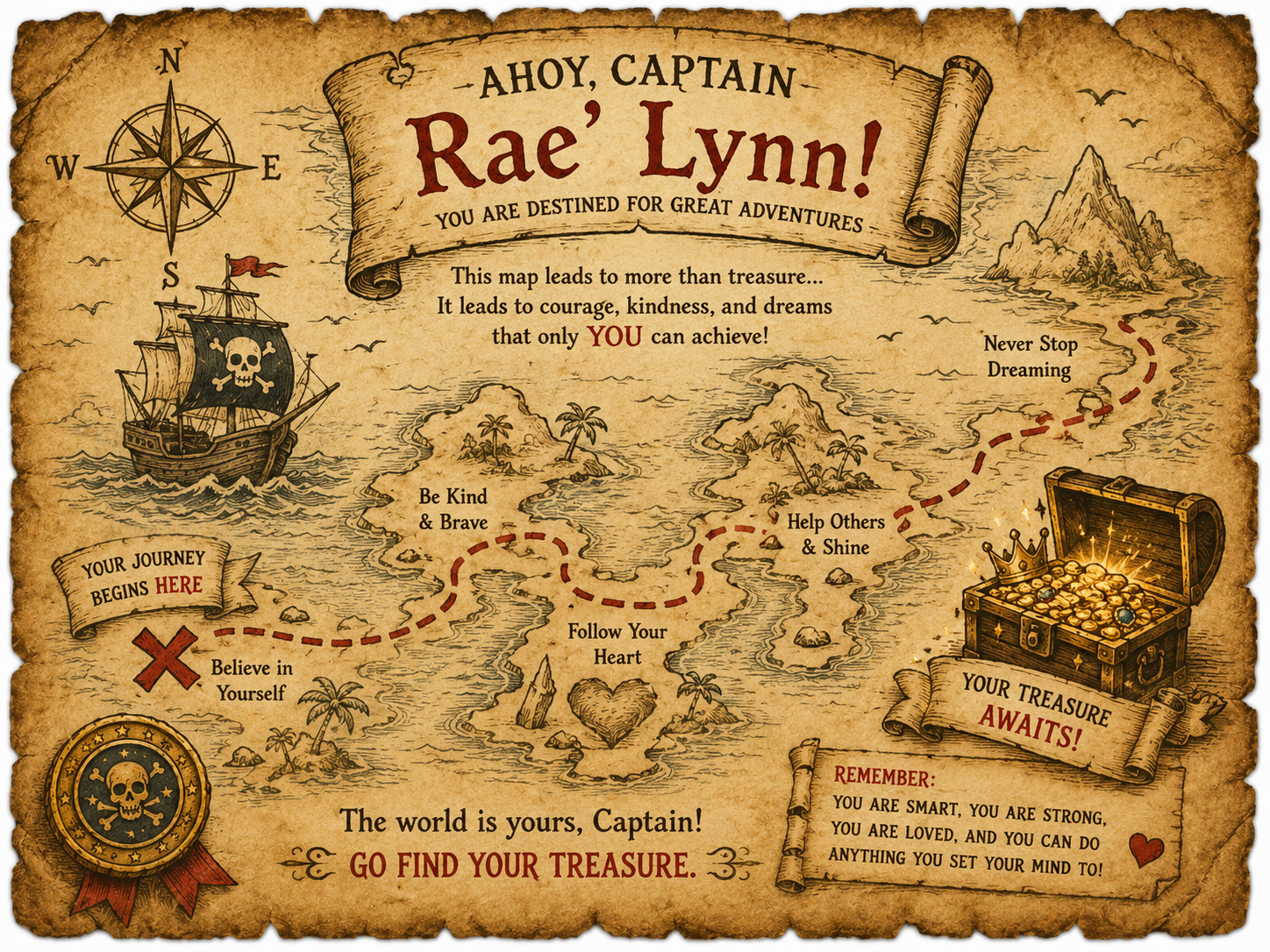 Personalized Pirate Party Pack - Treasure Chest (Eyepatch, 5 Gold Coins, Captain's Hat, Treasure Map, Compass, and Captain's Oath)