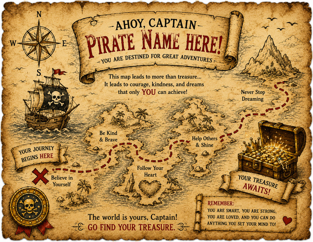 Personalized Pirate Party Pack - Treasure Chest (Eyepatch, 5 Gold Coins, Captain's Hat, Treasure Map, Compass, and Captain's Oath)