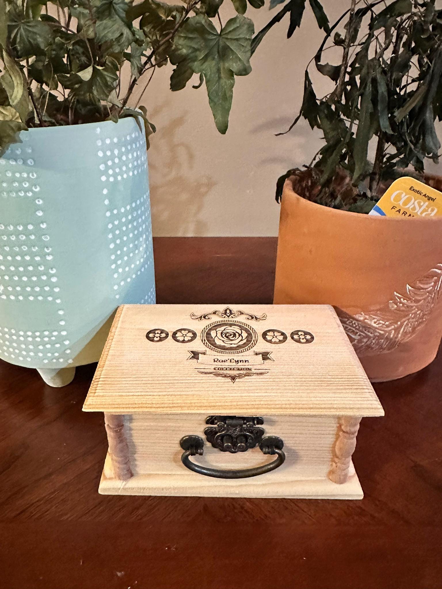 Elegant Pine Wood Keepsake Box with Handle & Custom Decorative Accents